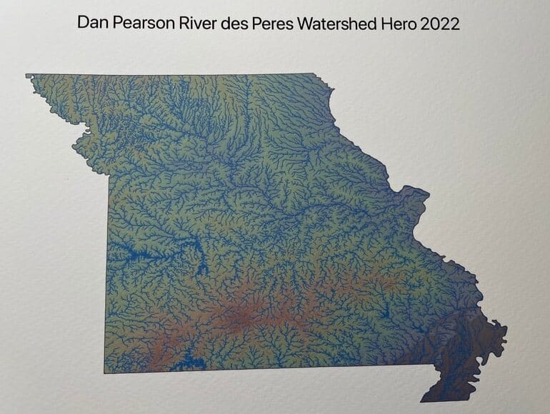 Framed print of Missouri’s watershed map, awarded to Dan Pearson as River des Peres Watershed Hero, 2022